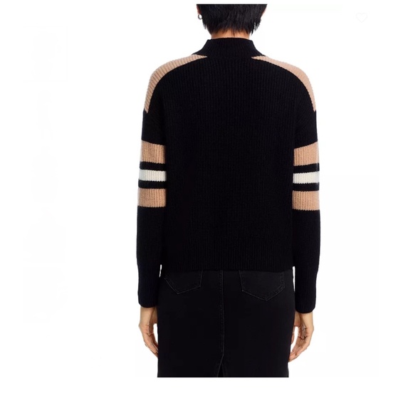 Luxurious 100% Cashmere Stripe Sleeve Mock Neck Sweater By Aqua in Black / Oatme - Picture 3 of 5